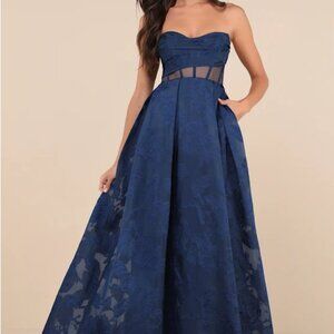 Navy Jacquard Strapless Peek-a-Boo Corset Dress